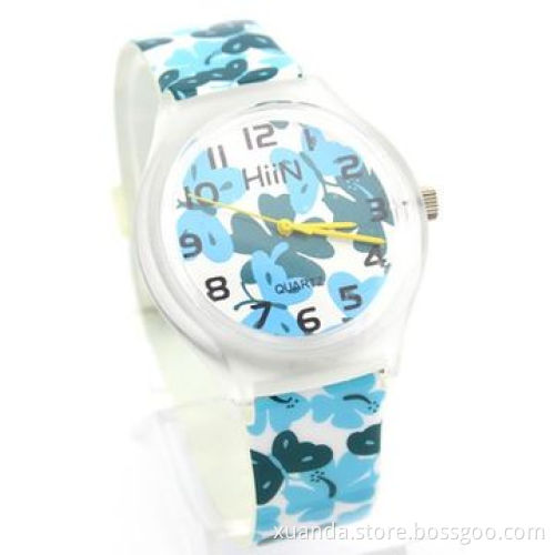 Fashion plastic sports watches, colorful pattern print on strap, can put your logo on dial and strap
